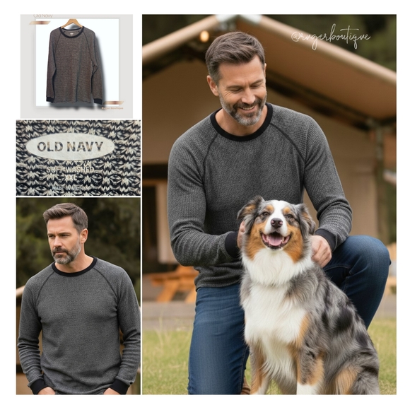 🌿Old Navy Men's XXL Gray Black Crew Neck Textured Thermal Longsleeve Shirt - Picture 10 of 12